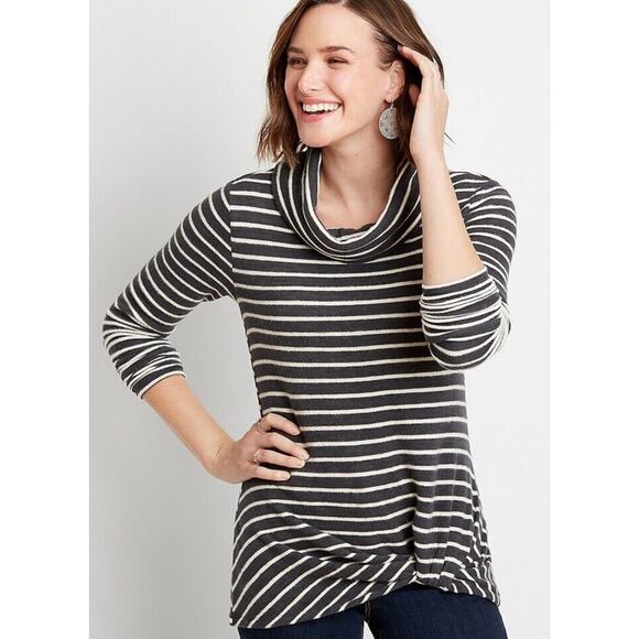 Maurices Sweaters - Maurices Womens Gray White Stripe Sweater Size XL Cowl Neck Knot Hem Pullover